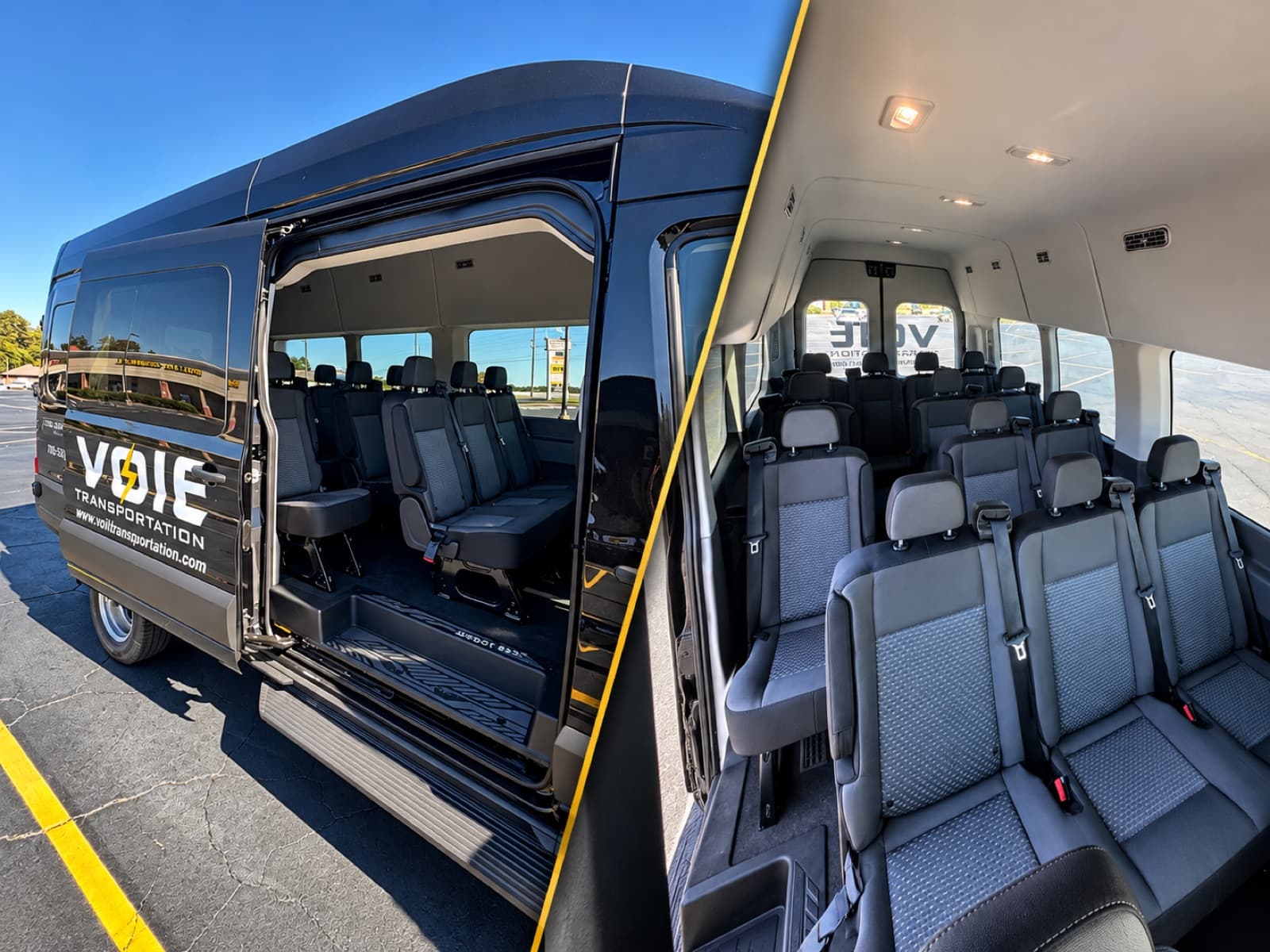 Inside a Volt Transportation van, showing rows of passenger seats